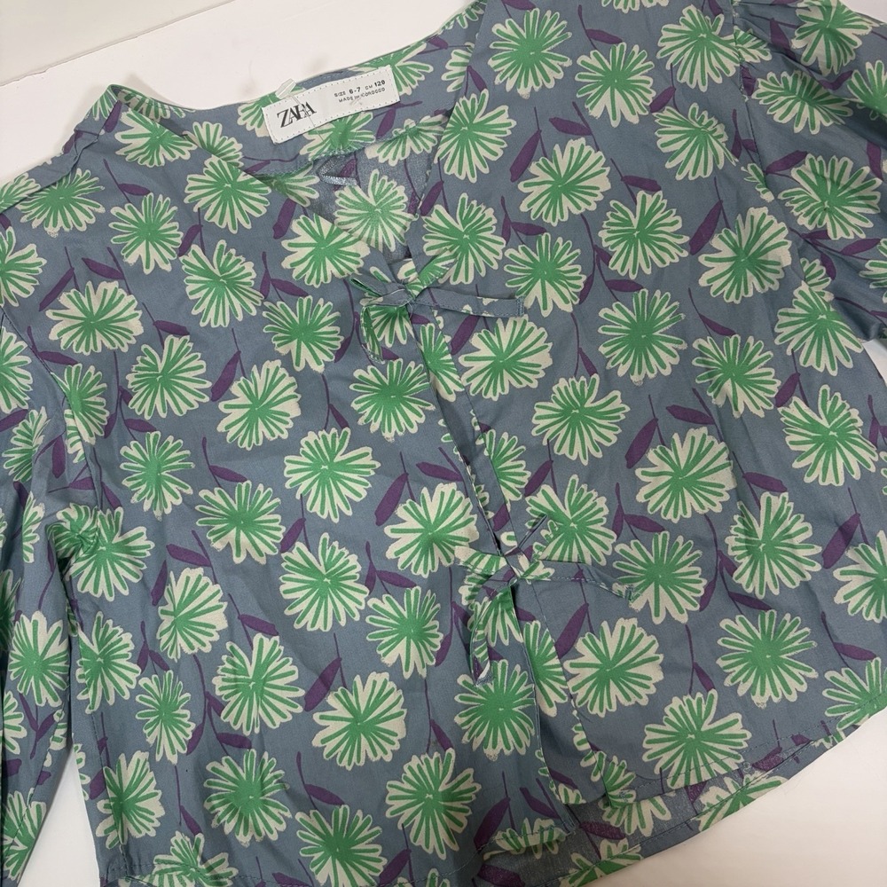 New-‎ Zara girls 6-7T blue green purple floral blouse with ties bows size